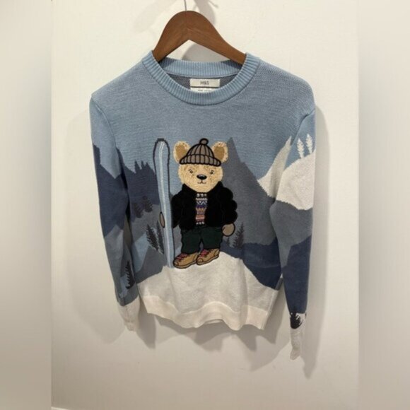 NWOT-Marks & Spencer BEAR Christmas Jumper, Blue mix - Picture 4 of 7